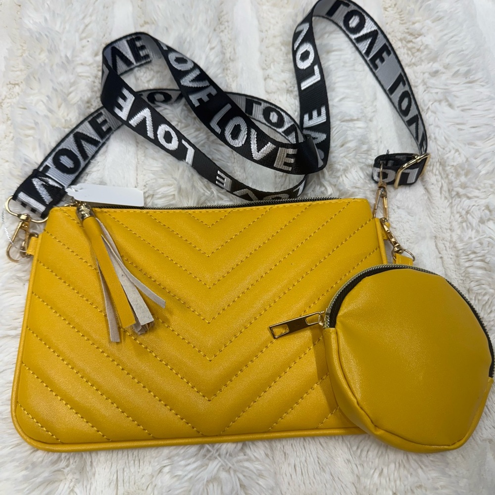 Quilted Crossbody Bag with Love Strap and Coin Pouch-yellow